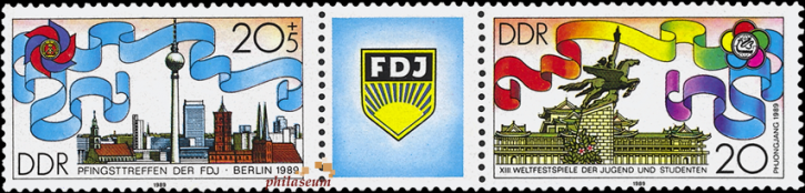 Briefmarken: DDR 1989, Mi. Nr. 3248-3249 Dreierstreifen, Pfingsttreffen der FDJ. Gestempelt