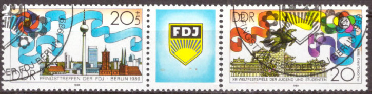 Briefmarken: DDR 1989, Mi. Nr. 3248-3249 Dreierstreifen, Pfingsttreffen der FDJ. Gestempelt