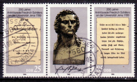 Briefmarken DDR 1989, Mi.Nr. 3254 - 3255 (WZd808) Dreierstreifen, Friedrich Schiller. Gestempelt