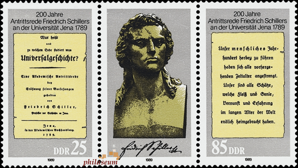 Briefmarken DDR 1989, Mi.Nr. 3254 - 3255 (WZd808) Dreierstreifen, Friedrich Schiller. Postfrisch