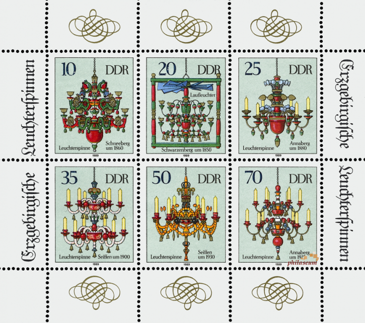 Briefmarken DDR 1989, Mi.Nr. 3289-3294 Kleinbogen, Erzgebirge Leuchterspinnen. Postfrisch