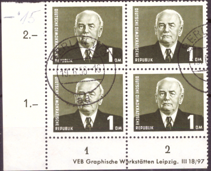 Briefmarken DDR 1953, Mi.Nr. 342 DV (Druckvermerk) Viererblock, Dauerserie Wilhelm Pieck (III) Wz. 2, Gestempelt