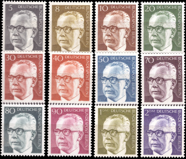 Briefmarken Berlin 1970, Mi.Nr. 359-370, Freimarken: Bundespräsident Dr. Gustav Heinemann (I). Postfrisch