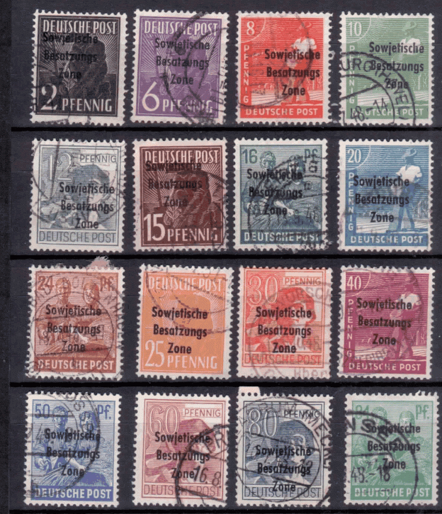 Briefmarken SBZ 1948, Mi.Nr. 182-197 (ohne 195 mit A 195), Freimarken: Arbeiter mit Aufdruck, Gestempelt