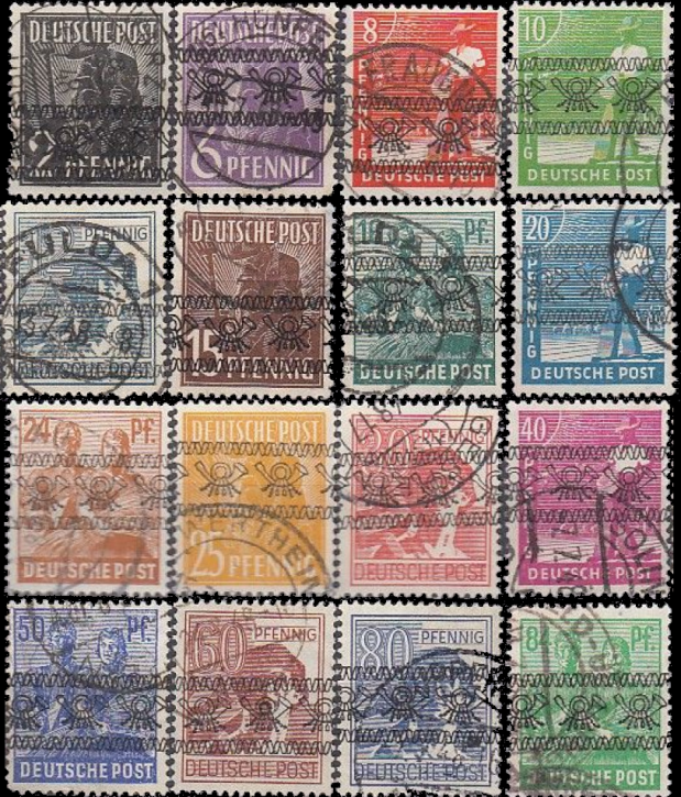 Briefmarken Alliierte Besetzung (Bi-Zone) 1948, Mi.Nr. 39 I - 51 I (ohne Mi.Nr. 49 I), Freimarken (Posthörnchen zwischen Bandleisten), Gestempelt