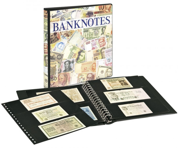 LINDNER Banknotenalbum mit 10 Klarsichthüllen in 2 Ausführungen und schwarzen Zwischenblättern.