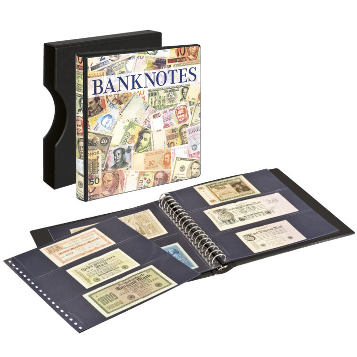 LINDNER Banknotenalbum mit 10 Klarsichthüllen in 2 Ausführungen und schwarzen Zwischenblättern, inkl. Kassette 814