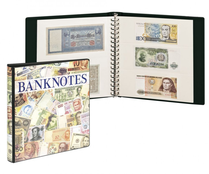 LINDNER Banknotenalbum mit 10 Klarsichthüllen in 2 Ausführungen und weißen Zwischenblättern.