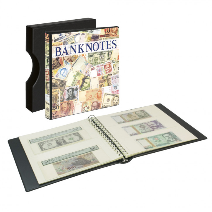 LINDNER Banknotenalbum mit 10 Klarsichthüllen in 2 Ausführungen und weißen Zwischenblättern, inkl. Kassette 814