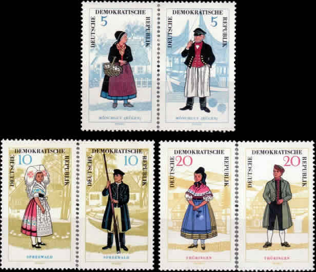 Briefmarken: DDR 1964 Mi.Nr. 1074-1079 (Paare WZd144, WZd146, WZd148), Trachten, Postfrisch