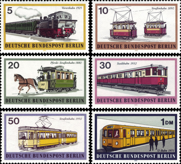 Briefmarken Berlin 1971, Mi.Nr. 379-384, Berliner Verkehrsmittel (I): Schienenfahrzeuge.  Postfrisch