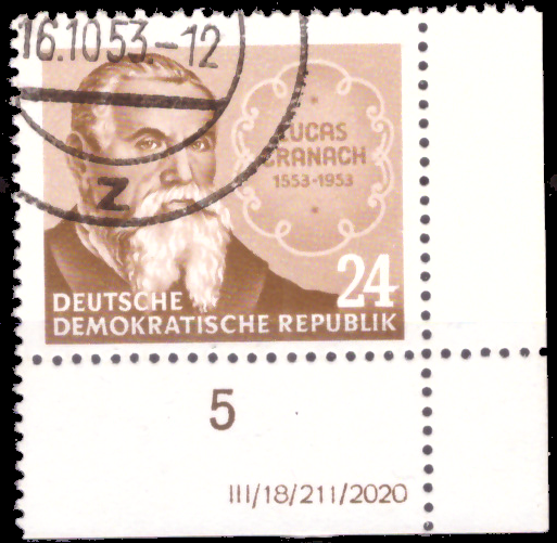 Briefmarken DDR 1953, Mi.Nr. 384 DV (Druckvermerk), Cranach, Est Gestempelt