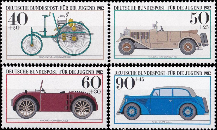 Briefmarken BRD (Bund) 1982, Mi.Nr. 1123-1126, Jugend: Historische Kraftfahrzeuge. Postfrisch
