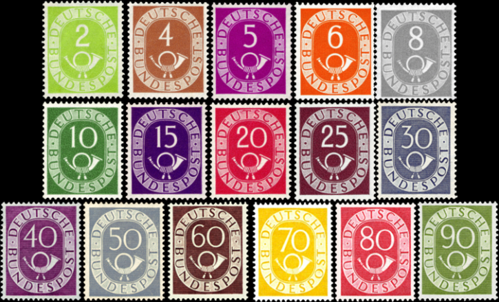 Briefmarken BRD (Bund) 1951, Mi.Nr. 123-138, Freimarken: Posthorn. Postfrisch