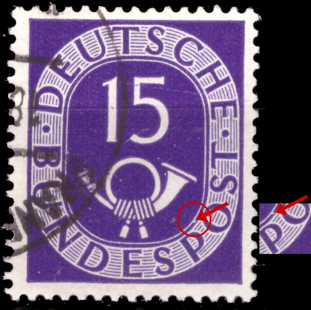 Briefmarken BRD (Bund) 1951, Mi.Nr. 129 IV, Plattenfehler (Ausbruch in der Ovallinie), Freimarken: Posthorn. Gestempelt
