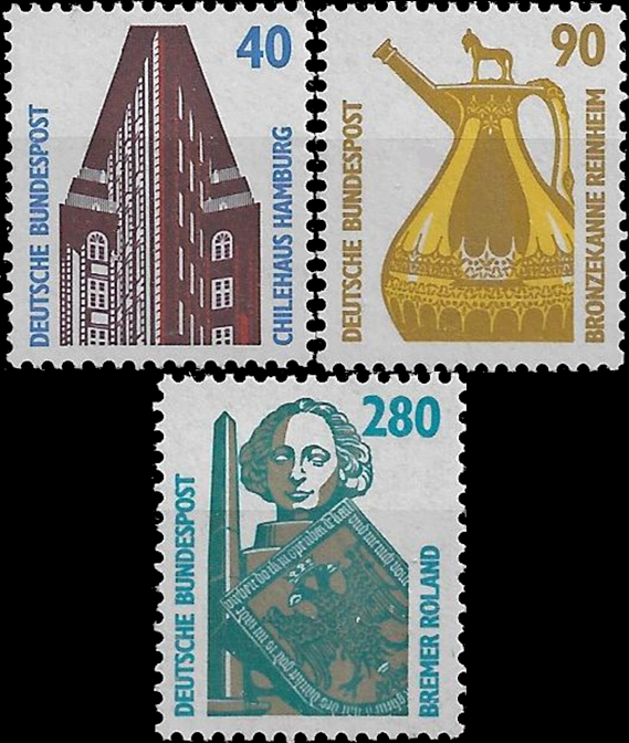 Briefmarken BRD (Bund) 1988, Mi.Nr. 1379-1381, Freimarken: Sehenswürdigkeiten (IV). Postfrisch