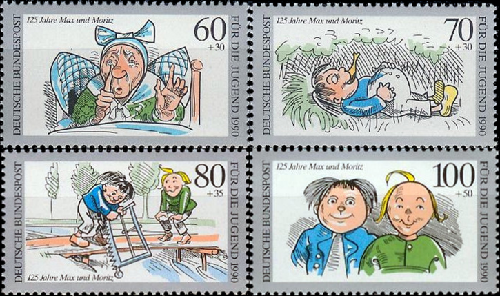 Briefmarken BRD (Bund) 1990, Mi.Nr. 1455-1458, Jugend: „Max und Moritz“. Postfrisch