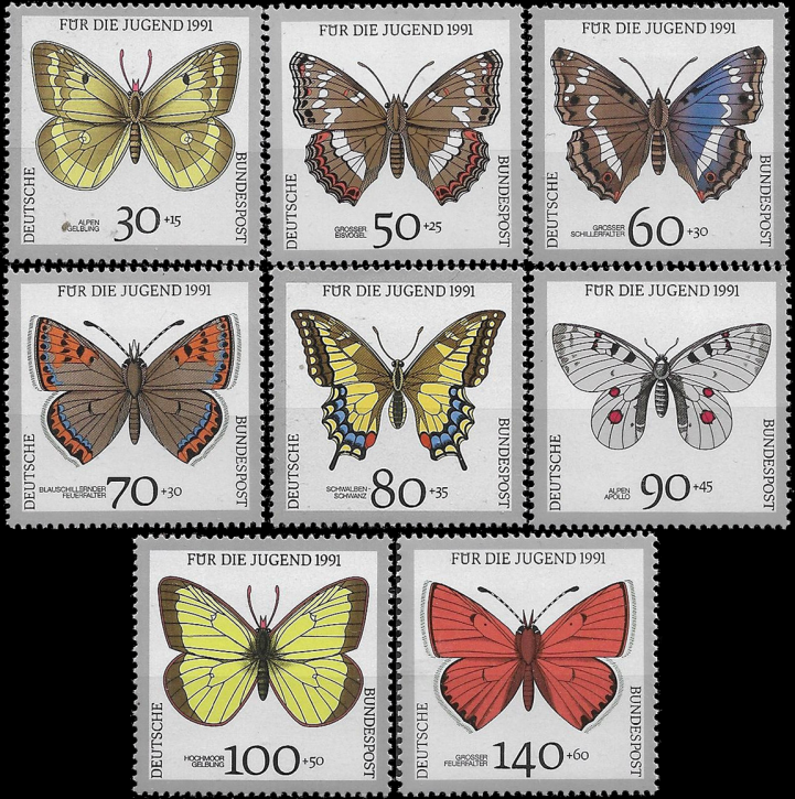 Briefmarken BRD (Bund) 1991, Mi.Nr. 1512-1519, Jugend: Gefährdete Schmetterlinge. Postfrisch