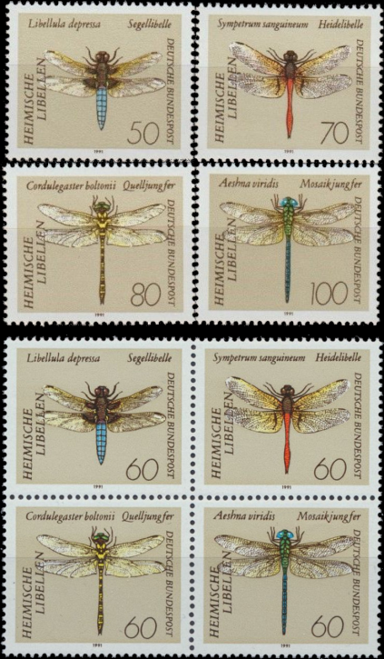 Briefmarken BRD (Bund) 1991, Mi.Nr. 1545-1552 (inkl. Viererblock), Libellen. Postfrisch