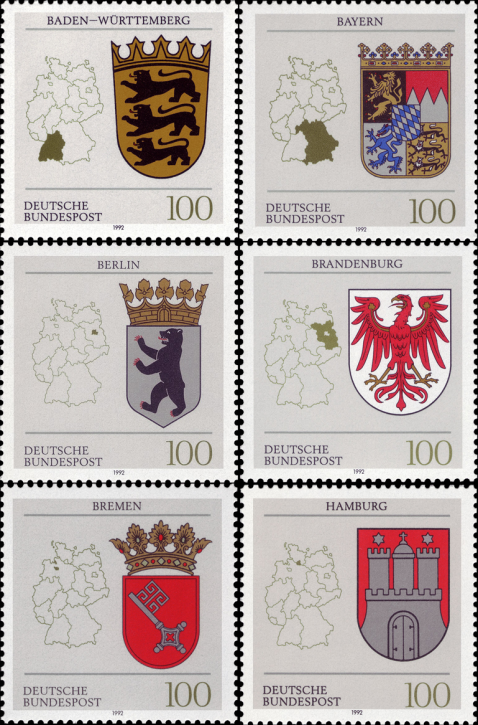 Briefmarken BRD (Bund) 1992, Mi.Nr. 1586-1591, Wappen der Länder der BRD (I). Postfrisch