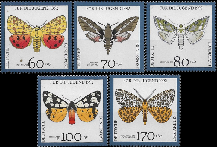 Briefmarken BRD (Bund) 1992, Mi.Nr. 1602-1606, Jugend: Gefährdete Nachtfalter. Postfrisch