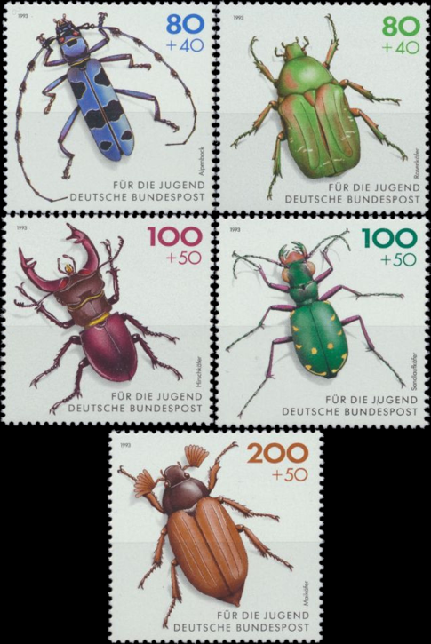 Briefmarken BRD (Bund) 1993, Mi.Nr. 1666-1670,  Jugend: Gefährdete Käfer. Postfrisch