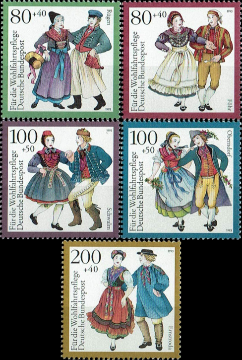 Briefmarken BRD (Bund) 1993, Mi.Nr. 1696-1700, Wohlfahrt: Deutsche Trachten (I). Postfrisch