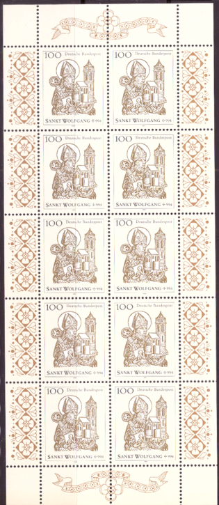 Briefmarken BRD (Bund) 1994, Mi.Nr. 1762 Kleinbogen, hl. Wolfgang. Postfrisch