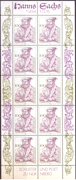 Briefmarken BRD (Bund) 1994, Mi.Nr. 1763 Kleinbogen, Hans Sachs. Postfrisch