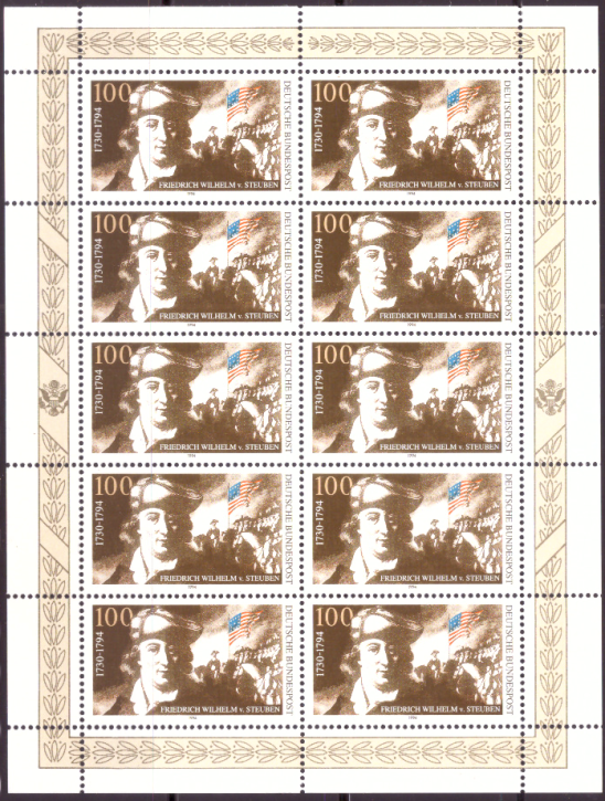 Briefmarken BRD (Bund) 1994, Mi.Nr. 1766 Kleinbogen, Wilhelm von Steuben. Postfrisch