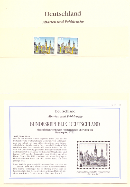 Briefmarken BRD 1995 Mi.Nr. 1772 I, Plattenfehler: verdickte linke Linie in der Laterne über Torbogen, Postfrisch