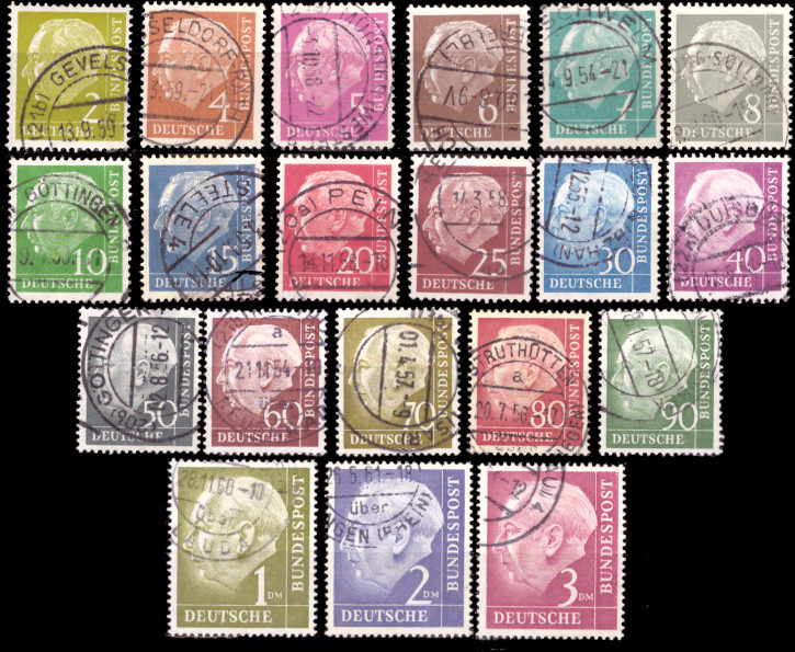 Briefmarken BRD (Bund) 1954, Mi.Nr. 177-196, Freimarken: Bundespräsident Theodor Heuss (I). Gestempelt