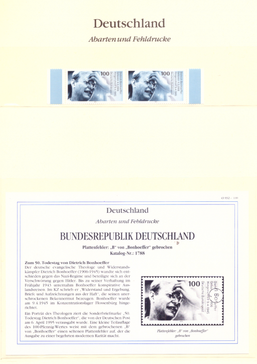 Briefmarken BRD 1995 Mi.Nr. 1788 I, Plattenfehler: "B" von "Bonhoeffer" gebrochen, Postfrisch