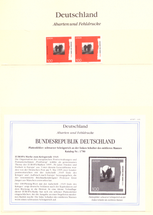 Briefmarken BRD 1995 Mi.Nr. 1790 I, Plattenfehler: schwarzer Schrägstrich an der linken Schulter des mittleren Mannes, Postfrisch