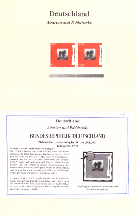 Briefmarken BRD 1995 Mi.Nr. 1790 II, Plattenfehler: Ausbuchtung des "O" in "Europa", Postfrisch