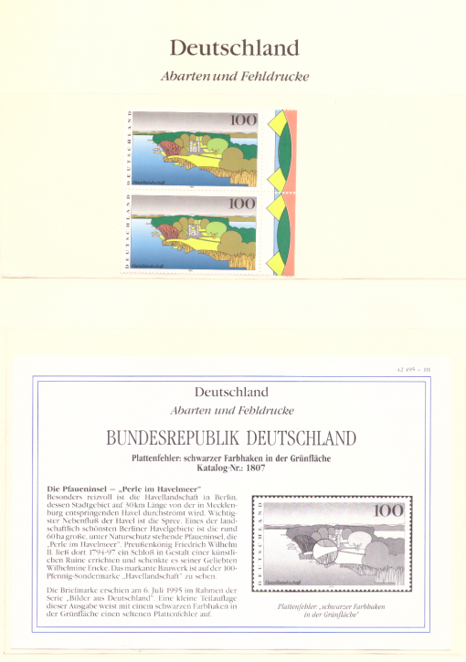 Briefmarken BRD 1995 Mi.Nr. 1808 I, Plattenfehler: schwarzer Farbhaken in der Grünfläche, Postfrisch
