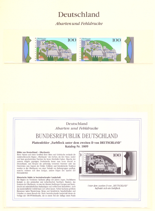 Briefmarken BRD 1995 Mi.Nr. 1809 I, Plattenfehler: Farbfleck unter zweiten "D" von "Deutschland", Postfrisch