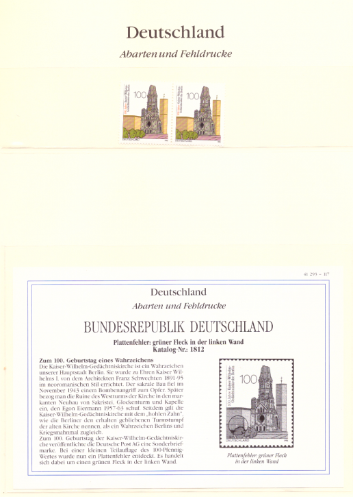 Briefmarken BRD 1995 Mi.Nr. 1812 II, Plattenfehler: grüner Fleck in der linken Wand, Postfrisch