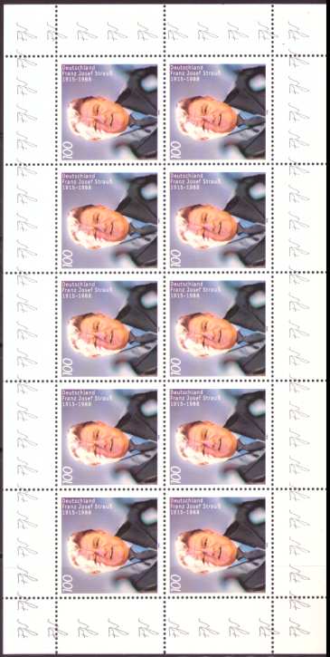 Briefmarken BRD (Bund) 1995, Mi.Nr. 1818 Kleinbogen, Franz Josef Strauß. Postfrisch