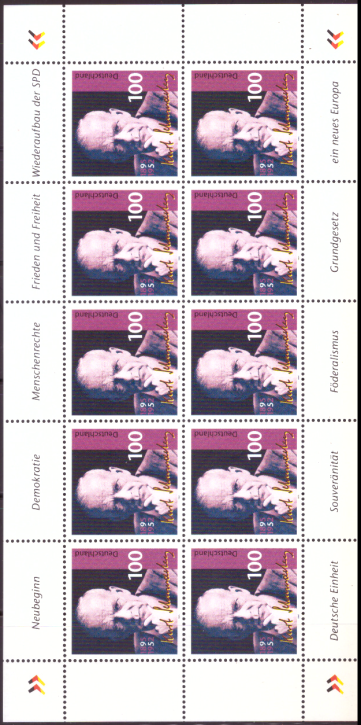 Briefmarken BRD (Bund) 1995, Mi.Nr. 1824 Kleinbogen, Kurt Schumacher. Postfrisch