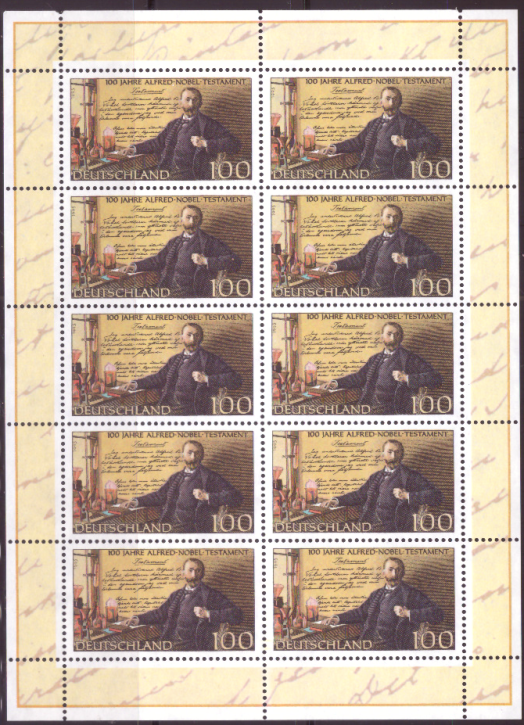 Briefmarken BRD (Bund) 1995, Mi.Nr. 1828 Kleinbogen, Alfred-Nobel-Testament. Postfrisch