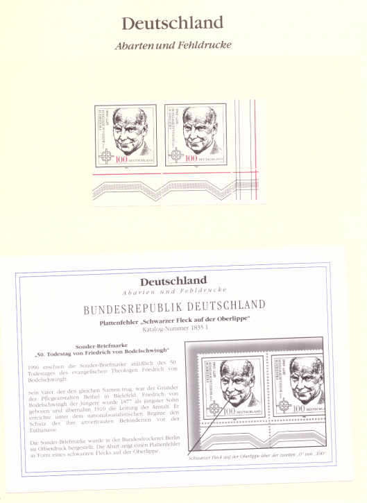 Briefmarken BRD 1996 Mi.Nr. 1835 I, Plattenfehler: schwarzer Fleck auf der Oberlippe, Postfrisch