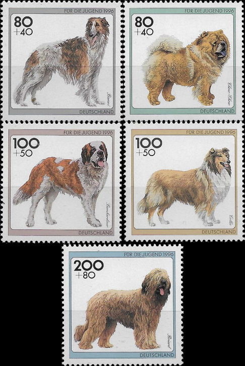 Briefmarken BRD (Bund) 1996, Mi.Nr. 1836-1840, Jugend: Hunderassen. Postfrisch