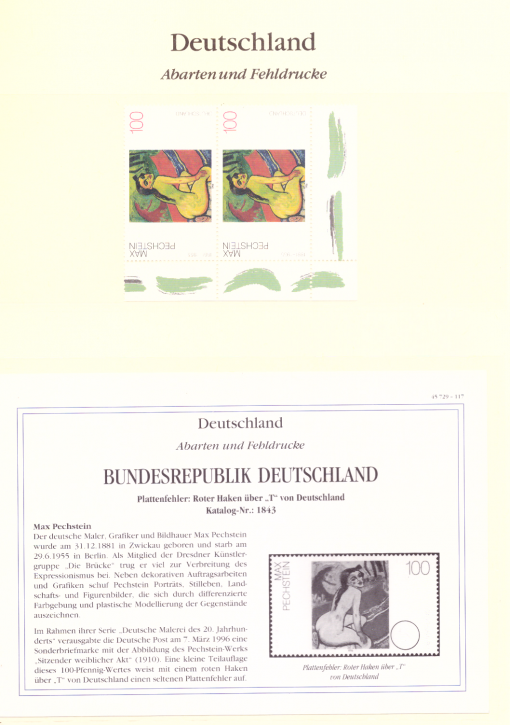Briefmarken BRD 1996 Mi.Nr. 1843, Plattenfehler: roter Haken über "T" von "Deutschland", Postfrisch