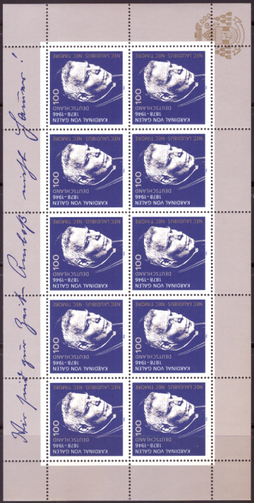 Briefmarken BRD (Bund) 1996, Mi.Nr. 1848 Kleinbogen, Graf von Galen. Postfrisch