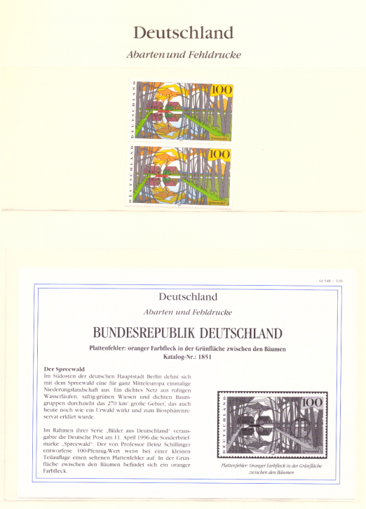 Briefmarken BRD 1996 Mi.Nr. 1851 I, Plattenfehler: oranger Farbfleck, in der Grünfläche zwischen den Bäumen, Postfrisch