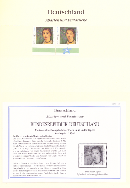 Briefmarken BRD 1996 Mi.Nr. 1854 I, Plattenfehler: oranger Farbfleck links in der Tapete, Postfrisch