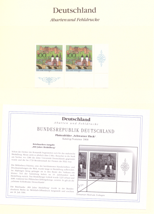 Briefmarken BRD 1996 Mi.Nr. 1868, Plattenfehler: schwarzer Fleck am Torbogen, Postfrisch