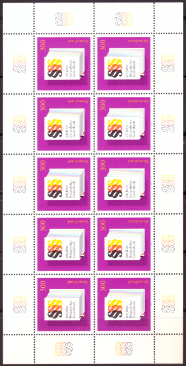 Briefmarken BRD (Bund) 1996, Mi.Nr. 1874 Kleinbogen, Bürgerliches Gesetzbuch. Postfrisch