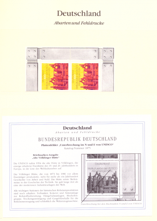 Briefmarken BRD 1996 Mi.Nr. 1875, Unterbrechung bei den Buchstaben "N" und "E" von "UNESCO", Postfrisch